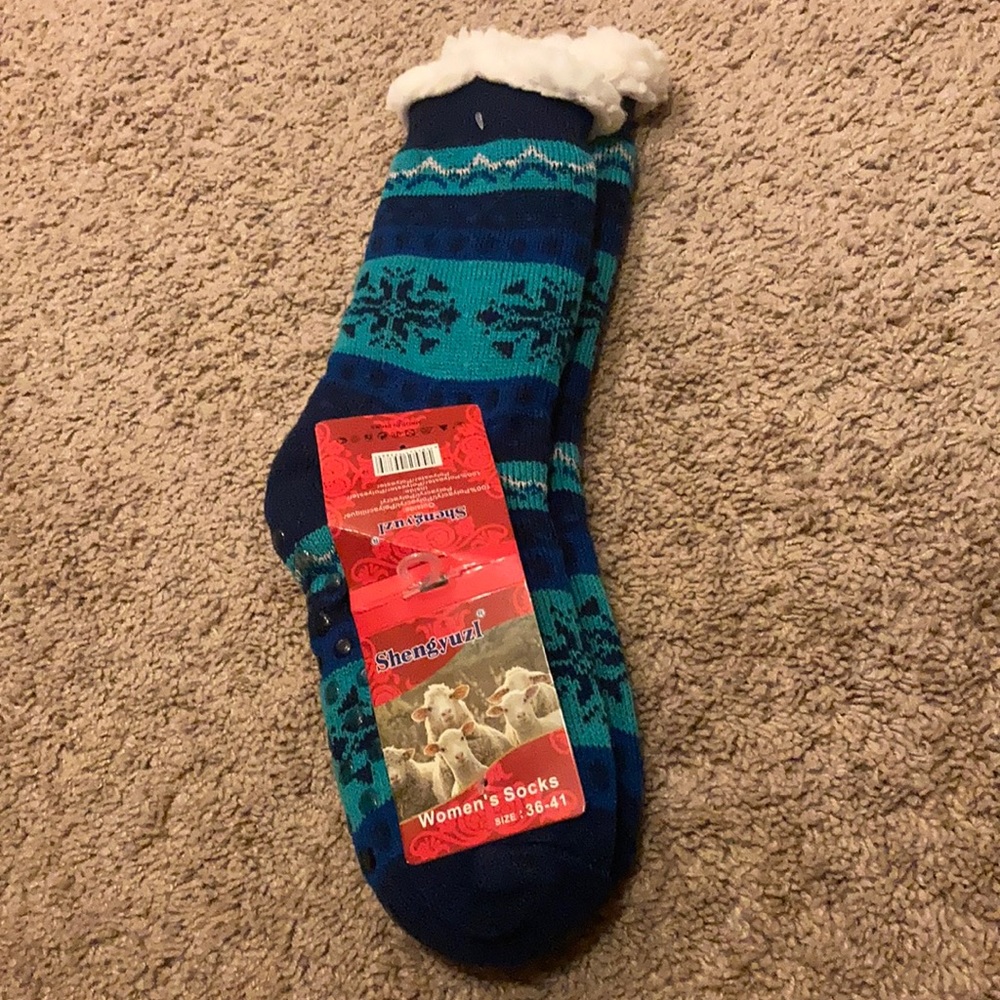 Warm and cozy blue & white slipper socks